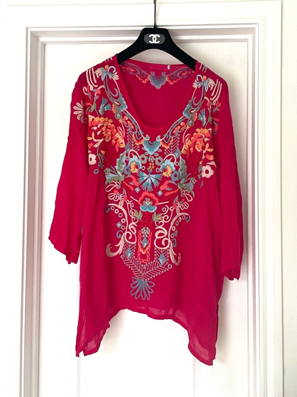 Johnny Was Hot Pink Fuchsia Embroidered Fuchsia Boho Tunic Top Blouse M - Picture 2 of 13